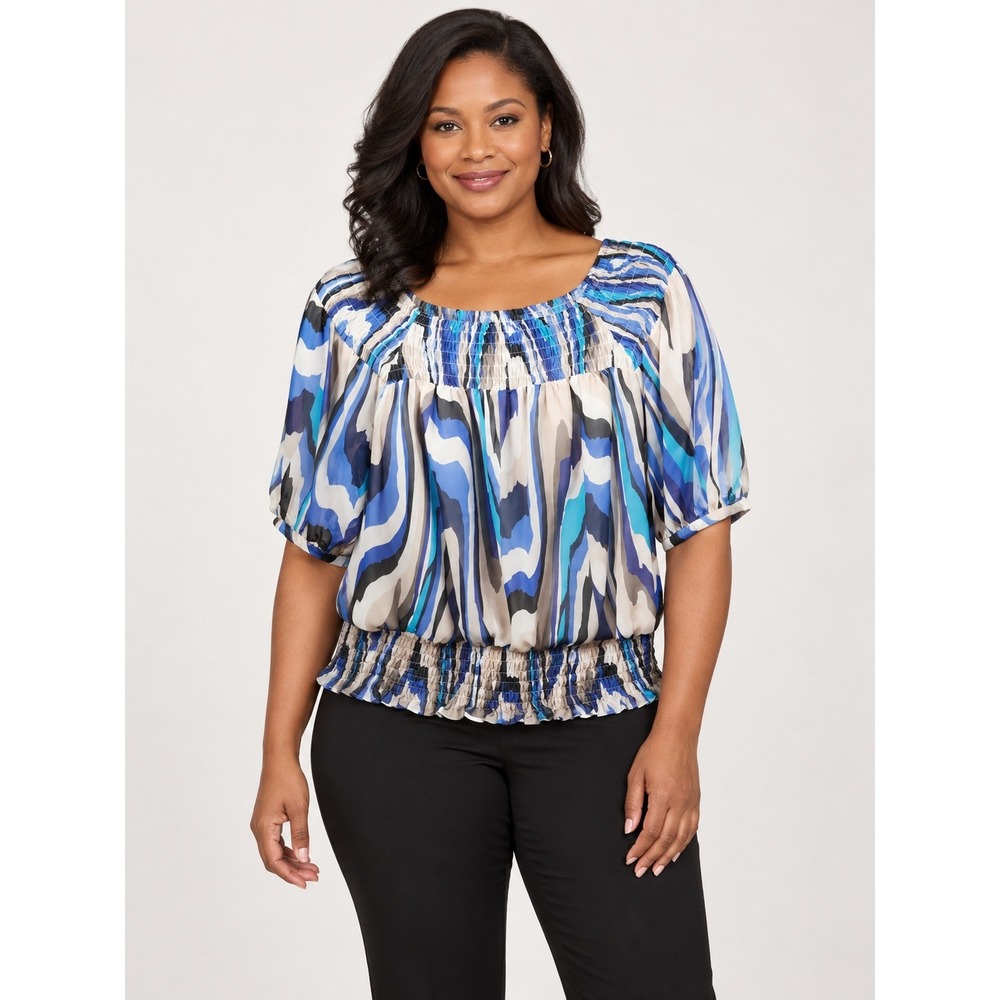 Alfani Blue Ivory Abstract Print Loose Fit Pullover Blouse NWT
